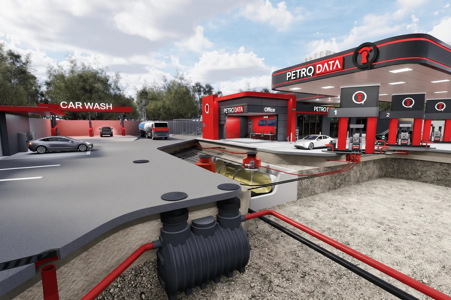 Cutaway view of a fuel station: pump islands, underground tank, tanker, car wash and office